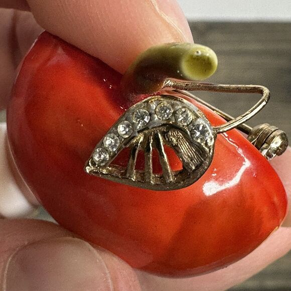 Vintage HAR Red Apple Brooch Pin Enamel Over Metal Hargo Rhinestones Signed - Picture 10 of 12